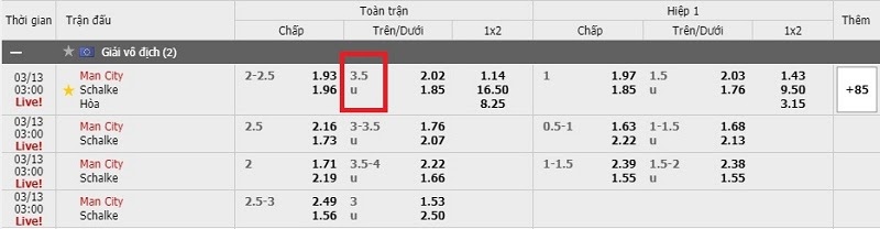 Ví dụ kèo tài xỉu 3 1/2 hoặc 3.5 của trận đấu giữa Man City và Schalke