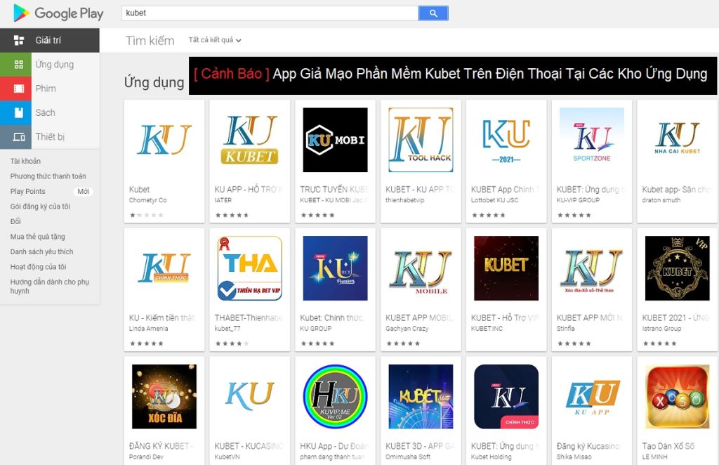App giả mạo Kubet trên những Kho App của điện thoại Androi và Apple Store