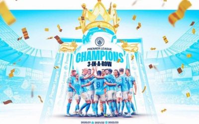 Ảnh áp phích CLB Man City đăng lên chúc mừng chức vô địch mùa thứ 3 liên tiếp.