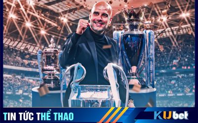 Pep Guardiola cùng 3 chiếc cúp danh giá nhất đoạt được trong một mùa giải cùng Man City.