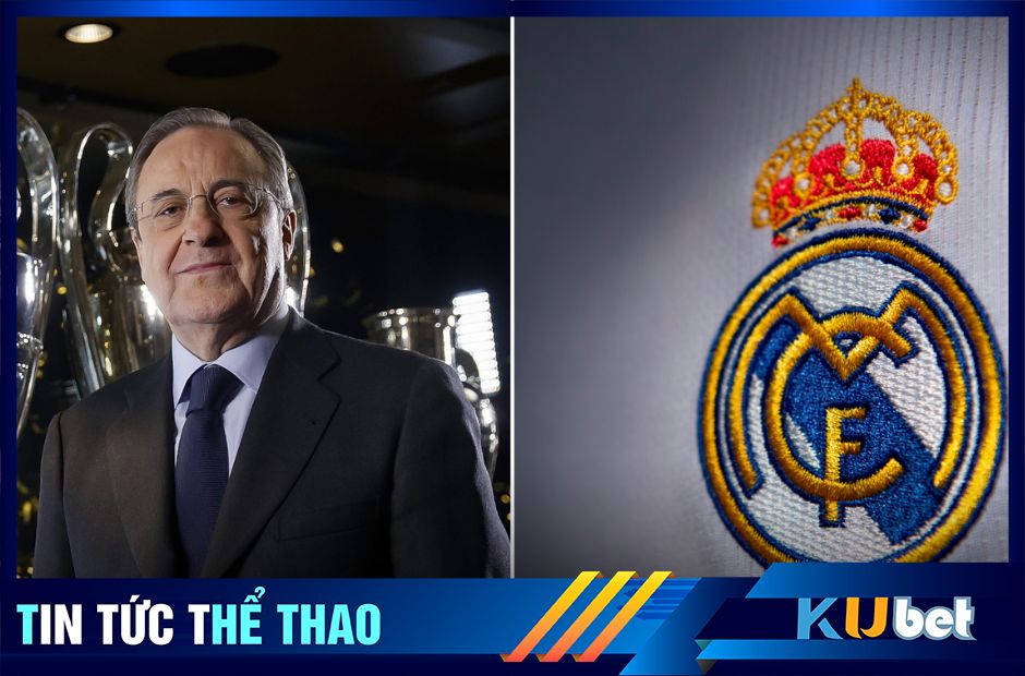 Chủ tịch Florentino Perez cùng phù hiệu Hoàng Gia của CLB Real Madrid