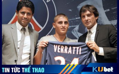 Verratti chụp ảnh cùng chủ tịch PSG Al-Khelaifi trong buổi ra mắt CLB PSG