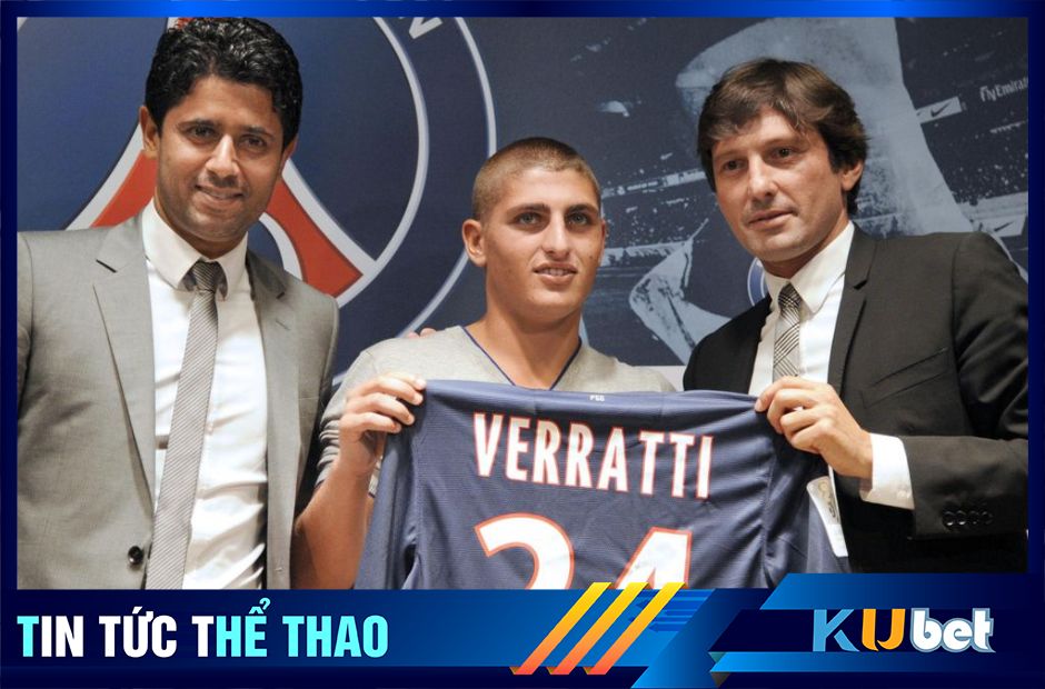 Verratti chụp ảnh cùng chủ tịch PSG Al-Khelaifi trong buổi ra mắt CLB PSG