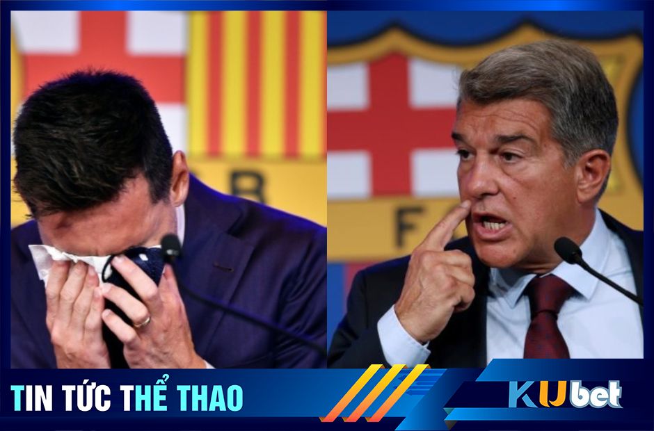 Messi khóc nức nở ngày chia tay Barca và bên phải là chủ tịch Laporta