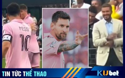 Messi hướng tới Beckham và ăn mừng theo động tác thần sấm Thor dơ tay lấy búa