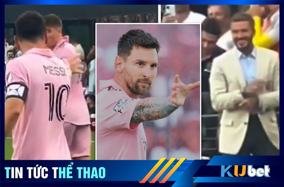 Messi hướng tới Beckham và ăn mừng theo động tác thần sấm Thor dơ tay lấy búa