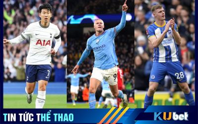 Kubet cập nhật hình ảnh 3 cầu thủ lập hat-trick trong tối thứ 7, lần lượt từ phải qua Evan Ferguson, Erling Haaland và Son Heung Min