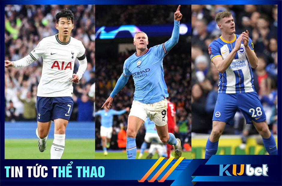 Kubet cập nhật hình ảnh 3 cầu thủ lập hat-trick trong tối thứ 7, lần lượt từ phải qua Evan Ferguson, Erling Haaland và Son Heung Min