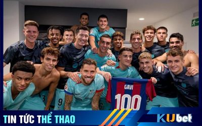 Kubet cập nhật hình ảnh Gavi cùng đồng đội ăn mừng trận đấu thứ 100 của anh trong phòng thay đồ