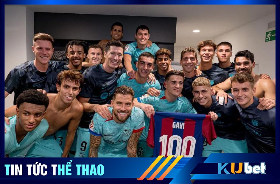 Kubet cập nhật hình ảnh Gavi cùng đồng đội ăn mừng trận đấu thứ 100 của anh trong phòng thay đồ