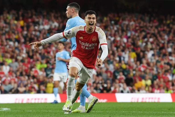 Gabriel Martinelli ăn mừng bàn thắng vào lưới Man City (Ảnh: Arsenal FC qua Getty Images) - kubet